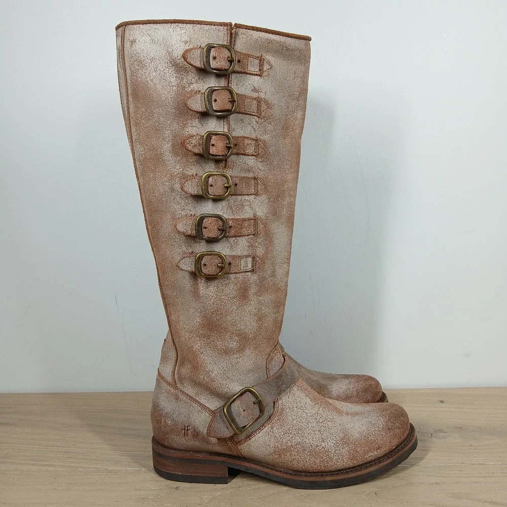 Frye Boots Women 8.5 Beige Leather Knee High Harness Buckle Moto Boho Western